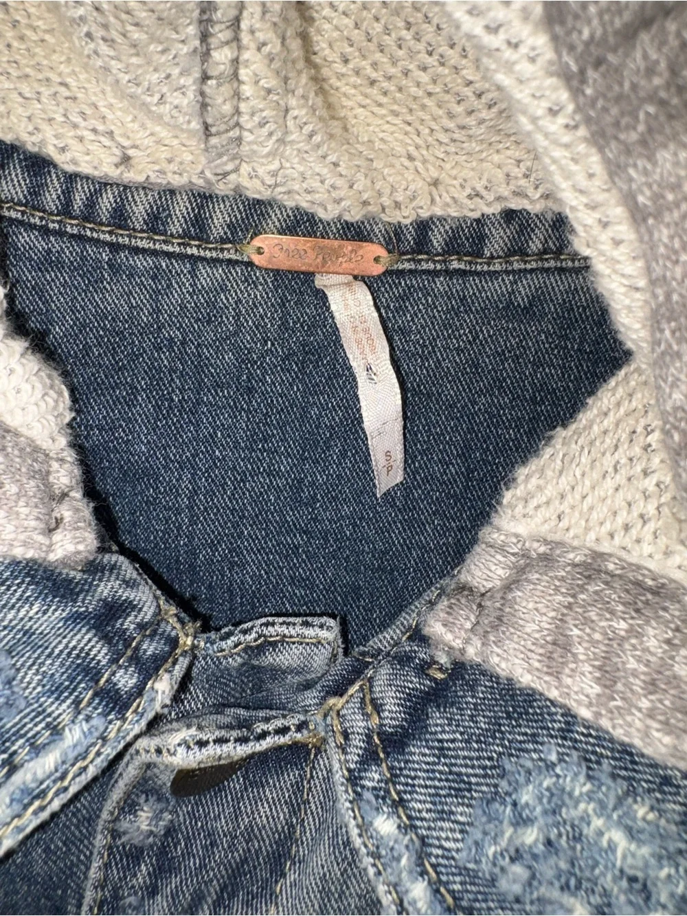 Free People Blue Denim Jacket with Gray Knit Hood & Sleeves